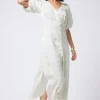 Women Scamp & Dude White Jacquard Star Puff Sleeve Midi Tea Dress