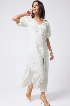 Women Scamp & Dude White Jacquard Star Puff Sleeve Midi Tea Dress
