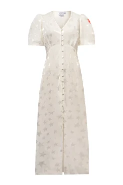 Women Scamp & Dude White Jacquard Star Puff Sleeve Midi Tea Dress
