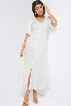 Women Scamp & Dude White Jacquard Star Puff Sleeve Midi Tea Dress
