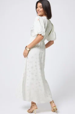 Women Scamp & Dude White Jacquard Star Puff Sleeve Midi Tea Dress
