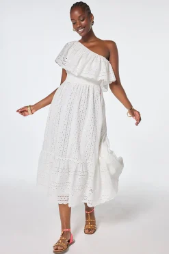 Women Scamp & Dude White One Shoulder Broderie Tiered Midi Dress