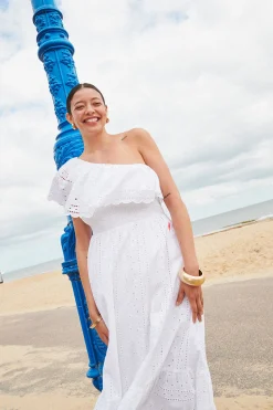 Women Scamp & Dude White One Shoulder Broderie Tiered Midi Dress