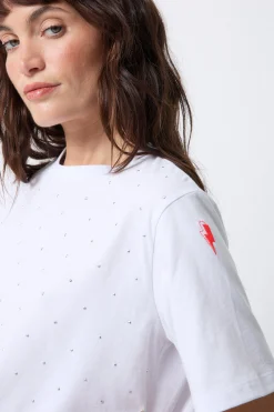 Women Scamp & Dude White Studded Relaxed Band T-Shirt