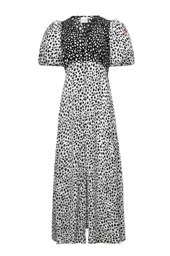 Women Scamp & Dude White with Black Mix Cheetah Puff Sleeve Midi Tea Dress