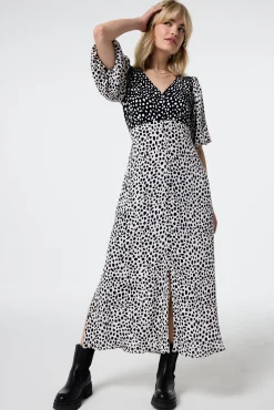 Women Scamp & Dude White with Black Mix Cheetah Puff Sleeve Midi Tea Dress