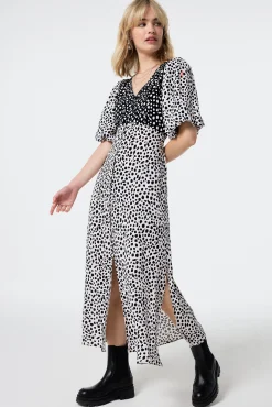 Women Scamp & Dude White with Black Mix Cheetah Puff Sleeve Midi Tea Dress