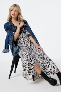 Women Scamp & Dude White with Black Mix Cheetah Puff Sleeve Midi Tea Dress