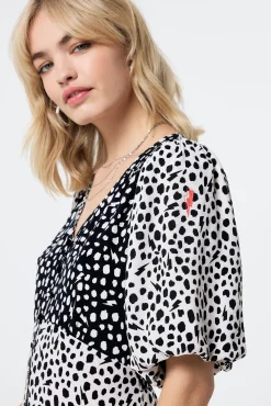 Women Scamp & Dude White with Black Mix Cheetah Puff Sleeve Midi Tea Dress