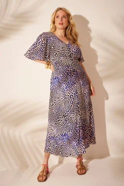 Women Scamp & Dude White with Blue and Pink Leopard Ray Angel Sleeve Midi Tea Dress