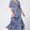Women Scamp & Dude White with Blue Floral Animal Print Ruffle Detail Midi Dress