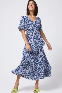 Women Scamp & Dude White with Blue Floral Animal Print Ruffle Detail Midi Dress