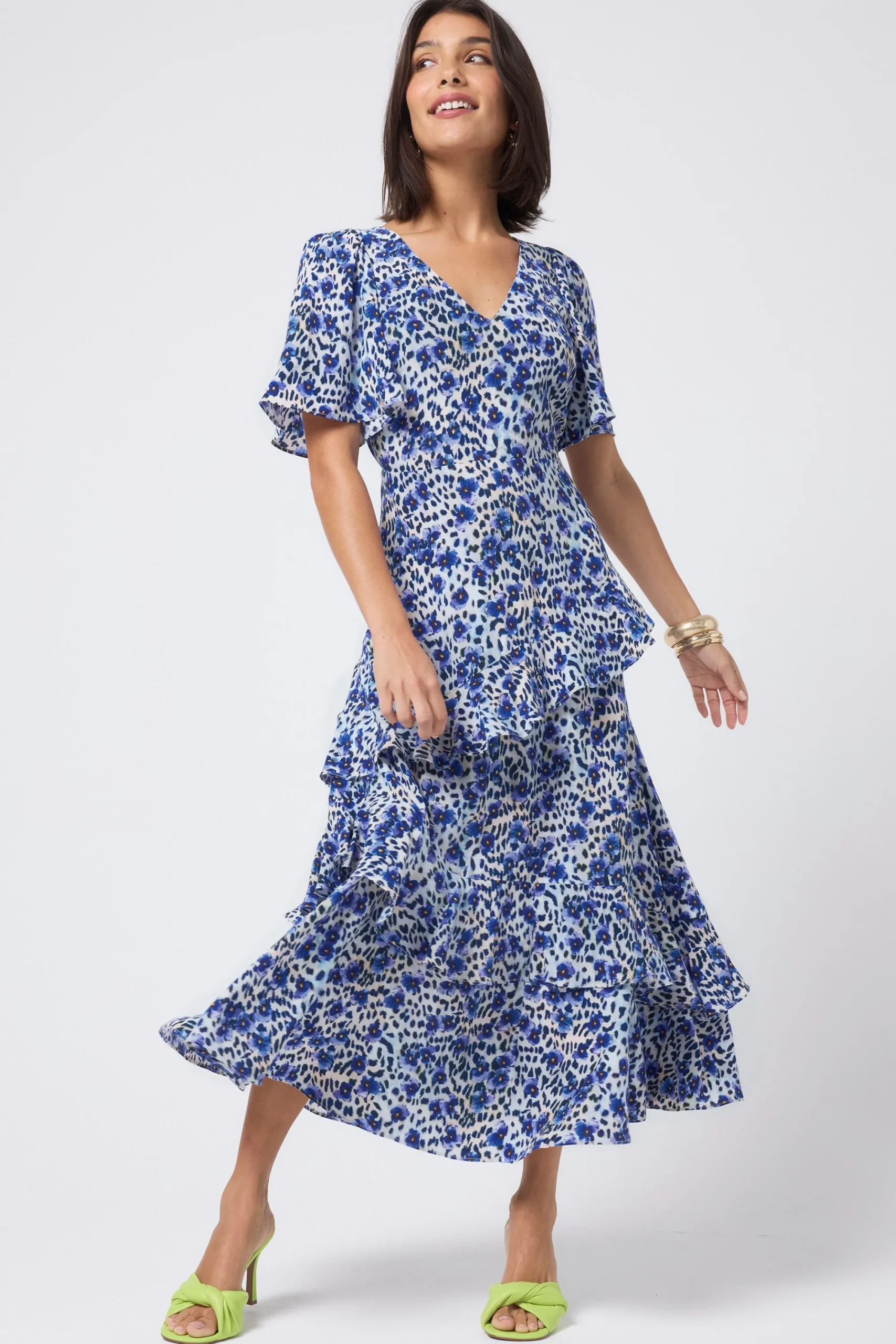 Women Scamp & Dude White with Blue Floral Animal Print Ruffle Detail Midi Dress