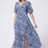 Women Scamp & Dude White with Blue Floral Animal Print Angel Sleeve Midi Tea Dress