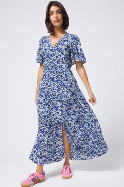 Women Scamp & Dude White with Blue Floral Animal Print Angel Sleeve Midi Tea Dress