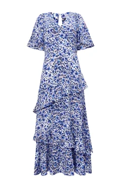 Women Scamp & Dude White with Blue Floral Animal Print Ruffle Detail Midi Dress