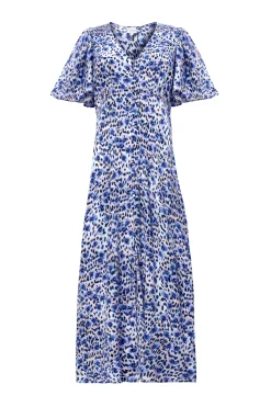 Women Scamp & Dude White with Blue Floral Animal Print Angel Sleeve Midi Tea Dress
