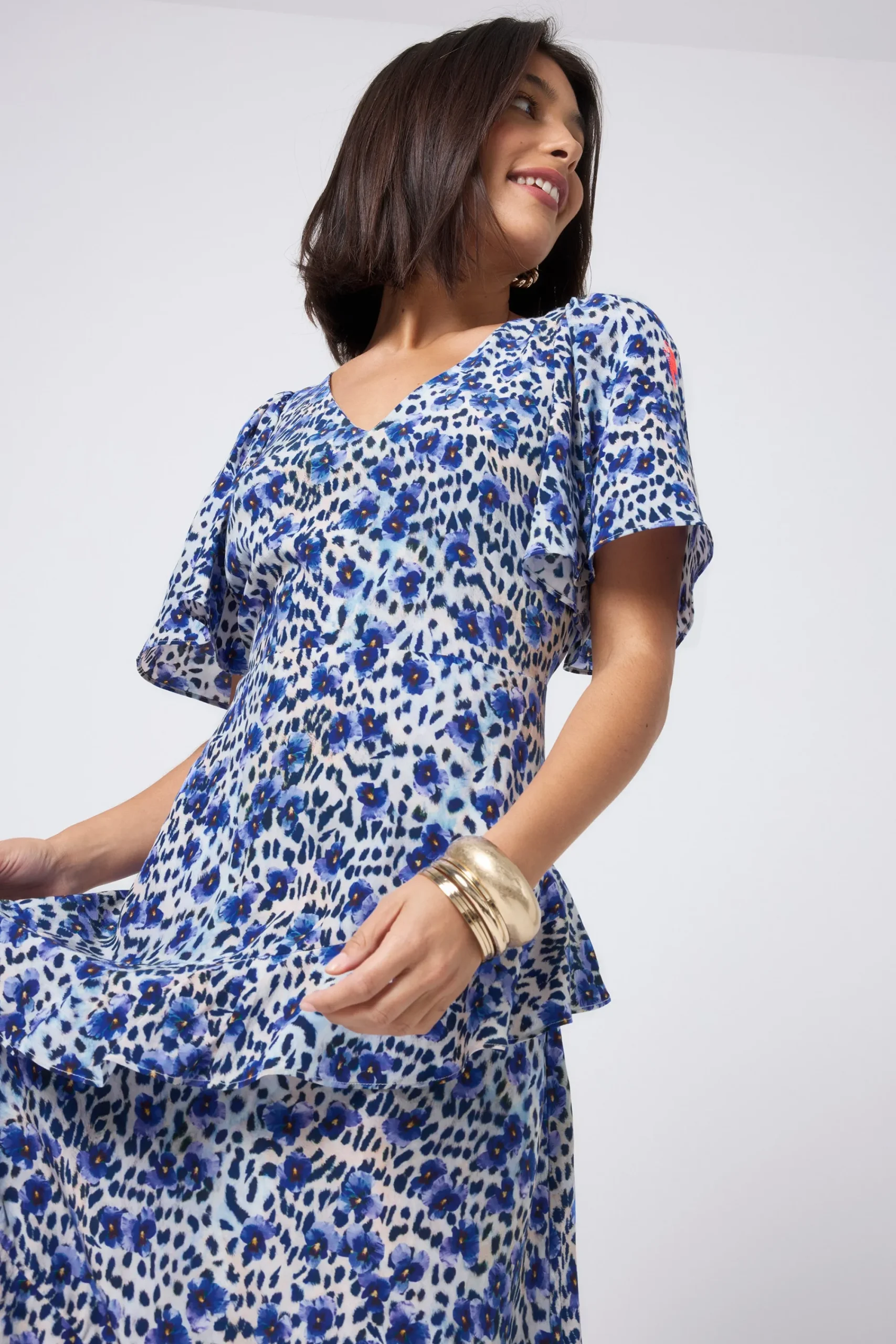 Women Scamp & Dude White with Blue Floral Animal Print Ruffle Detail Midi Dress