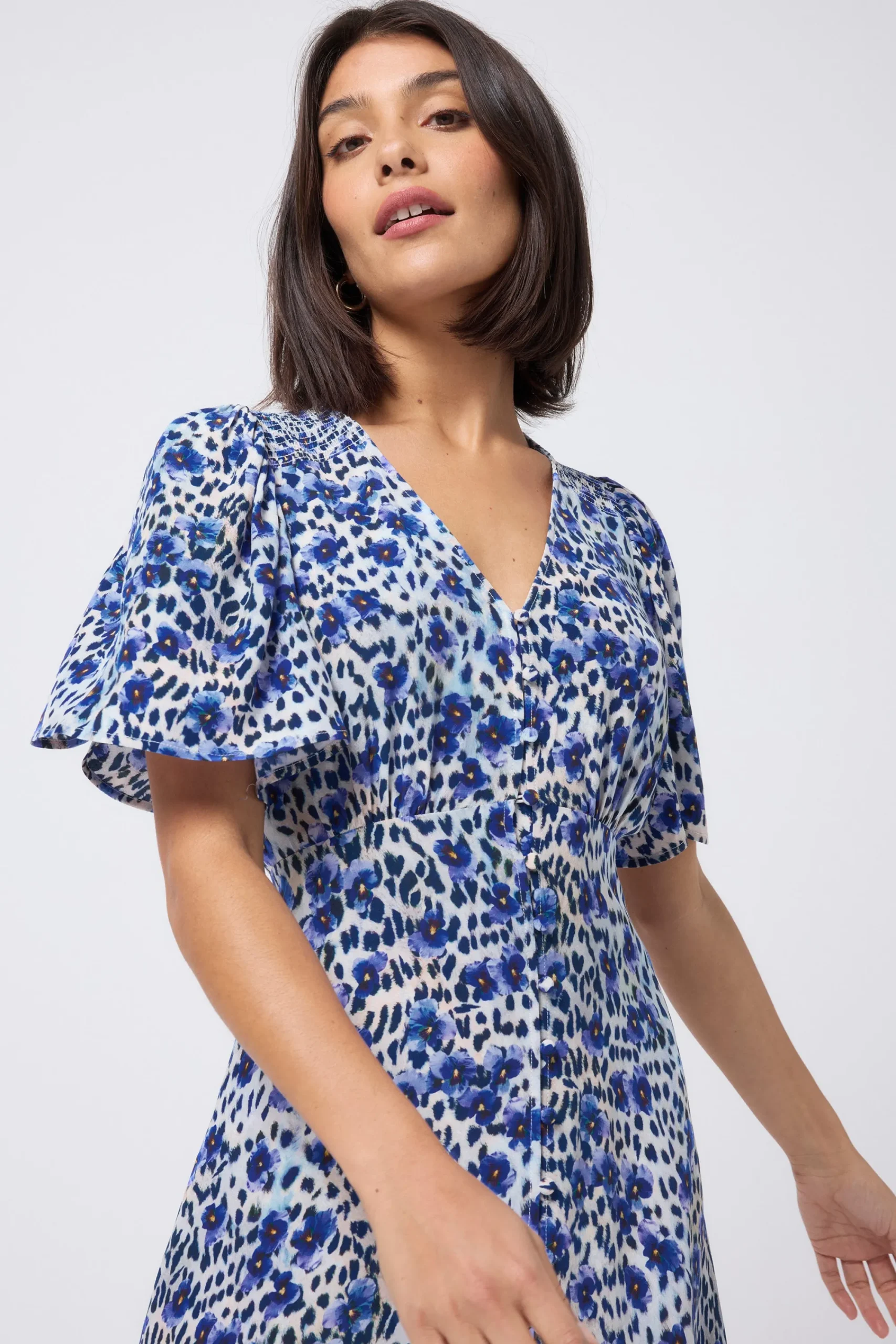 Women Scamp & Dude White with Blue Floral Animal Print Angel Sleeve Midi Tea Dress