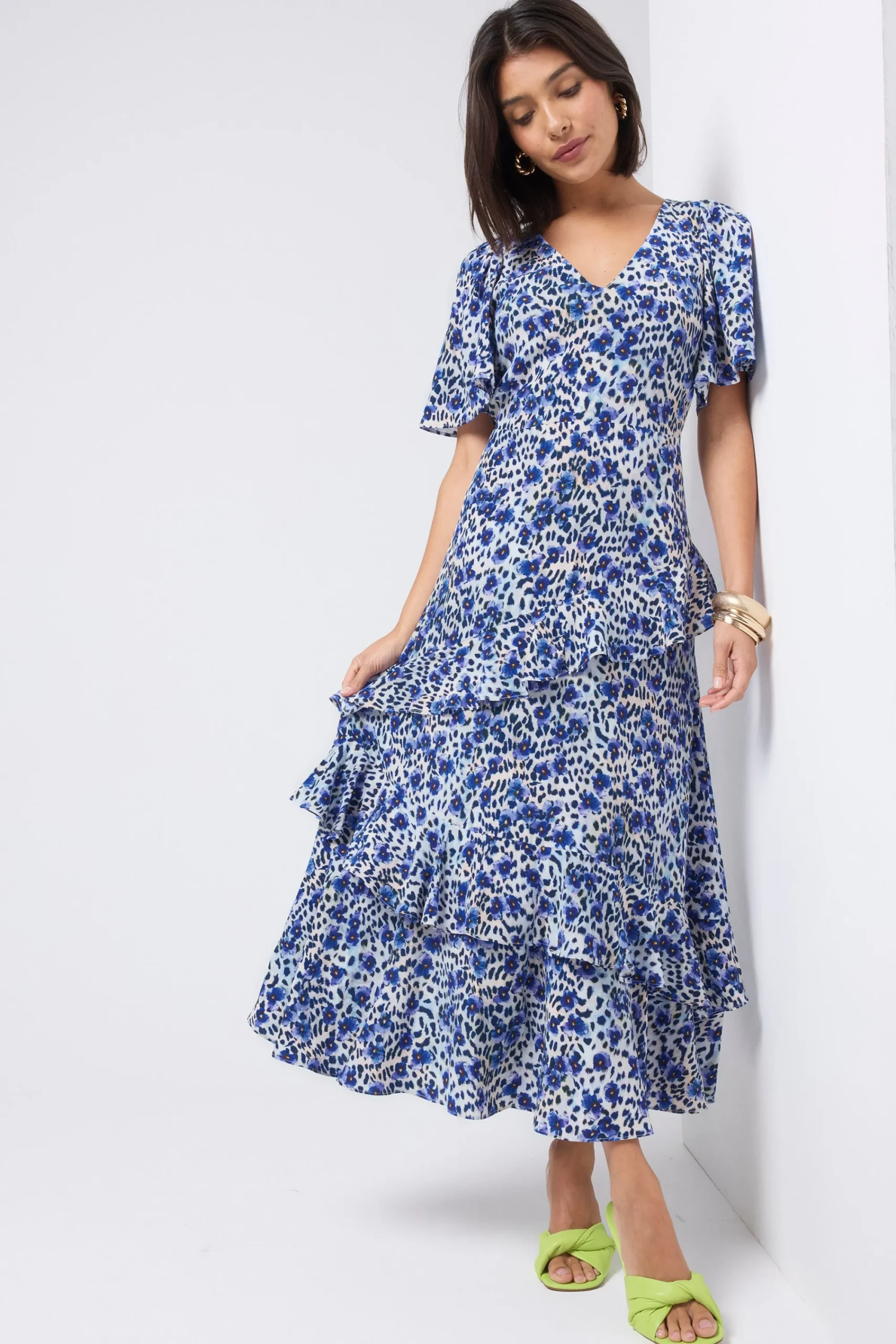 Women Scamp & Dude White with Blue Floral Animal Print Ruffle Detail Midi Dress