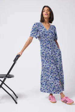 Women Scamp & Dude White with Blue Floral Animal Print Angel Sleeve Midi Tea Dress