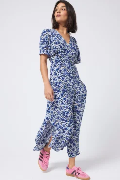 Women Scamp & Dude White with Blue Floral Animal Print Angel Sleeve Midi Tea Dress