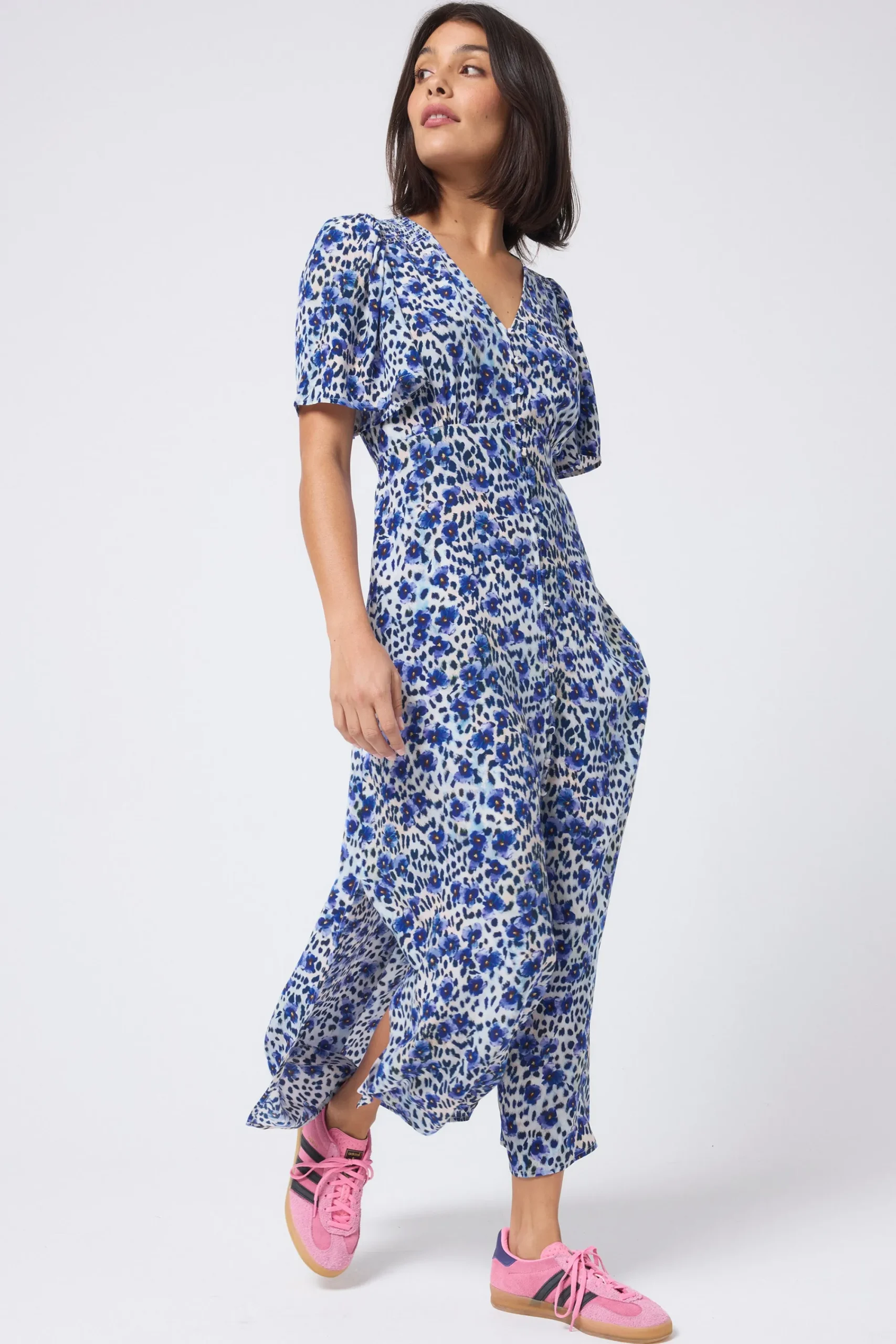 Women Scamp & Dude White with Blue Floral Animal Print Angel Sleeve Midi Tea Dress