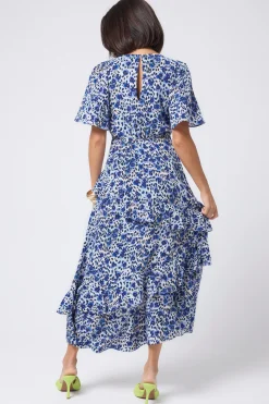Women Scamp & Dude White with Blue Floral Animal Print Ruffle Detail Midi Dress