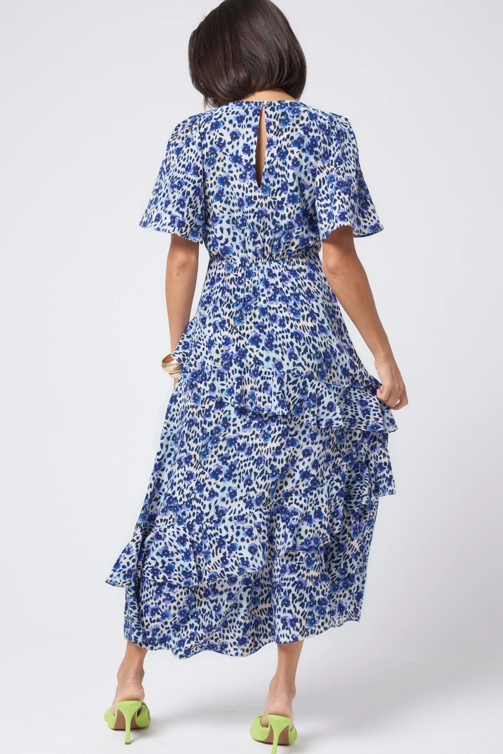 Women Scamp & Dude White with Blue Floral Animal Print Ruffle Detail Midi Dress
