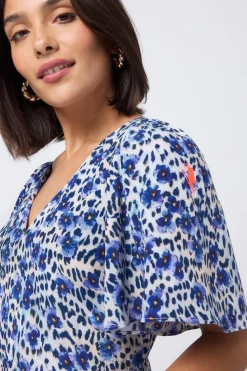 Women Scamp & Dude White with Blue Floral Animal Print Ruffle Detail Midi Dress