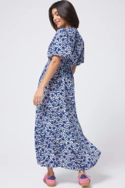 Women Scamp & Dude White with Blue Floral Animal Print Angel Sleeve Midi Tea Dress