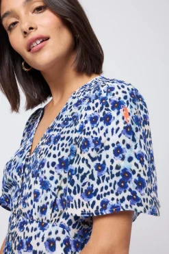 Women Scamp & Dude White with Blue Floral Animal Print Angel Sleeve Midi Tea Dress