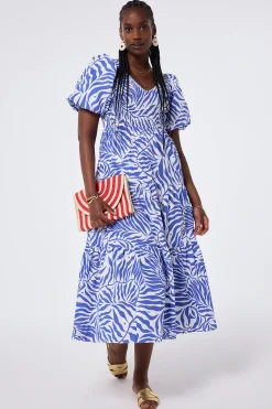 Women Scamp & Dude White with Blue Palm Shirred Puff Sleeve Maxi Dress