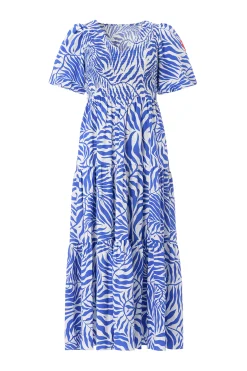 Women Scamp & Dude White with Blue Palm Shirred Puff Sleeve Maxi Dress