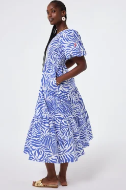 Women Scamp & Dude White with Blue Palm Shirred Puff Sleeve Maxi Dress