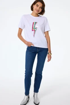Women Scamp & Dude White with Multi Coloured Sequin and Foil Lightning Bolt T-Shirt