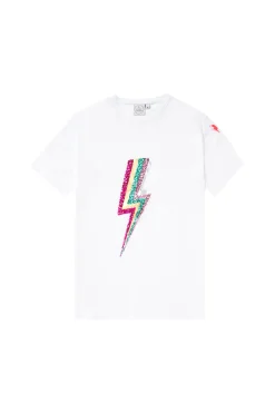 Women Scamp & Dude White with Multi Coloured Sequin and Foil Lightning Bolt T-Shirt