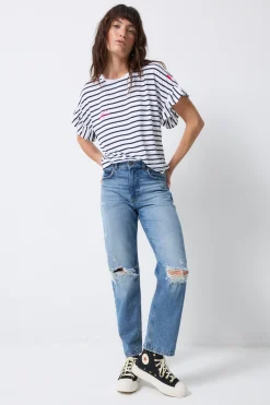 Women Scamp & Dude White with Navy Stripe Frill Sleeve T-Shirt