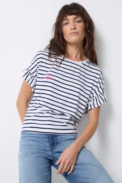 Women Scamp & Dude White with Navy Stripe Frill Sleeve T-Shirt