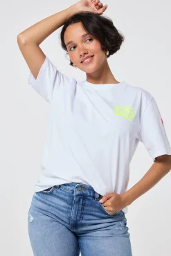 Women Scamp & Dude White with Neon Yellow Smile Back Slogan T-Shirt