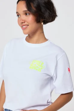 Women Scamp & Dude White with Neon Yellow Smile Back Slogan T-Shirt